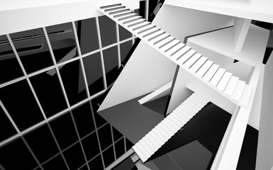 Abstract white and black interior multilevel public space with window. 3D illustration and rendering.