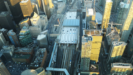 Aerial of Toronto, Canada train yards at dark