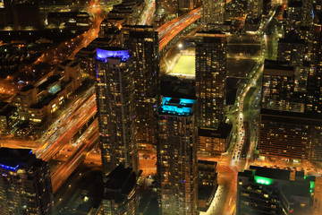 Aerial of Toronto highways at night