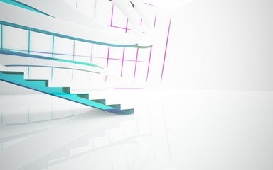 abstract architectural interior with colored smooth glass sculpture. 3D illustration and rendering