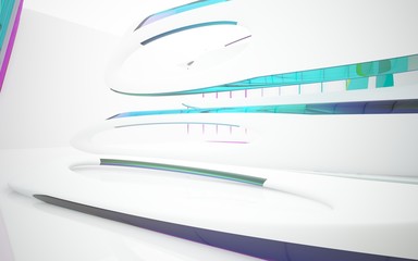 Naklejka premium abstract architectural interior with colored smooth glass sculpture. 3D illustration and rendering