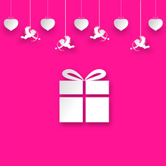 Paper gift box with bow with garlands of hearts and cupids