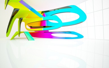 abstract architectural interior with colored smooth sculpture. 3D illustration and rendering