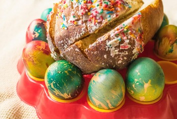 Easter cake and painted eggs.
