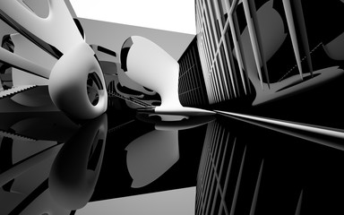 Abstract dynamic interior with black smooth objects. 3D illustration and rendering