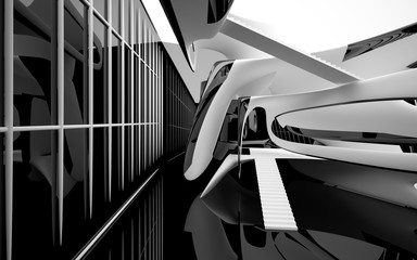 Abstract dynamic interior with black smooth objects. 3D illustration and rendering