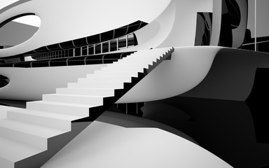 Abstract dynamic interior with black smooth objects. 3D illustration and rendering