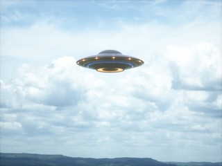 Unidentified flying object. UFO with clipping path included. 3D illustration in real picture. © ktsdesign