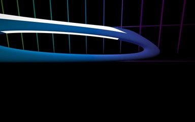 Abstract dark interior multilevel public space with neon lighting. 3D illustration and rendering.