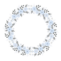 Lovely Blue Floral Wreath of Circle Shape. Frame Made of Abstract Twigs, Flowers and Leaves. Infantile Style  Design. White Background. Delicate Blue, Gray and White Color Art.