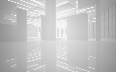 Abstract white interior of the future, with neon lighting. 3D illustration and rendering