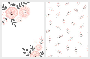 Lovely Pink Bouquet Vector Card and Floral Pattern. Pink Abstract Flowers Gray Twigs and Leaves. Infantile Style  Design. White Background. Funny Floral Art Set.