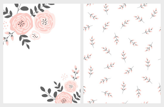 Fototapeta Lovely Pink Bouquet Vector Card and Floral Pattern. Pink Abstract Flowers Gray Twigs and Leaves. Infantile Style  Design. White Background. Funny Floral Art Set.
