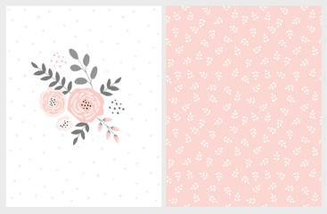 Lovely Pink Bouquet Vector Card and Floral Pattern. Pink Abstract Flowers Gray Twigs and Leaves. Infantile Style  Design. White Background with Delicate Dots. Soft White Leaves on Pink Background.