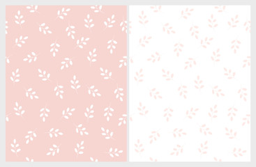 Bright Hand Drawn Leaves Vector Patterns. Light Pink and White Color Design. Floral Repeatable Patterns. Pastel Colors. Light Pink and White Background. Simple Abstract Twigs.