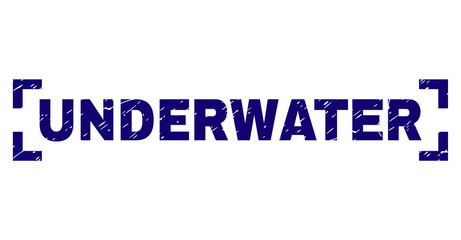 UNDERWATER caption seal stamp with distress texture. Text caption is placed inside corners. Blue vector rubber print of UNDERWATER with dirty texture.