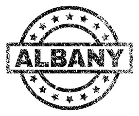 ALBANY stamp seal watermark with distress style. Designed with rectangle, circles and stars. Black vector rubber print of ALBANY title with corroded texture.