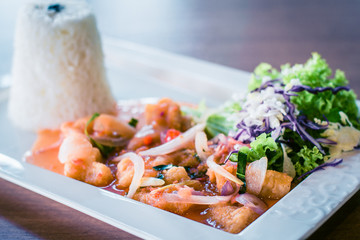 Sweet and Sour Fish with onions (with Rice) and salad