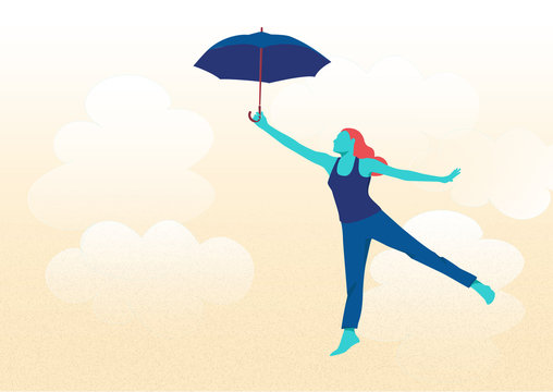 woman flying with an umbrella in the sky