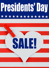 Presidents'  Day image in bright red and white stripes  and a blue banner with stars with text added for sales and deals on the holiday.