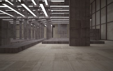 Abstract white and brown concrete parametric interior  with window. 3D illustration and rendering.