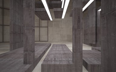 Abstract white and brown concrete parametric interior  with window. 3D illustration and rendering.