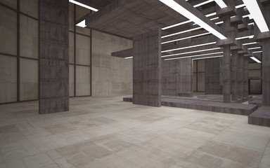 Abstract white and brown concrete parametric interior  with window. 3D illustration and rendering.