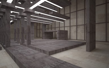 Abstract white and brown concrete parametric interior  with window. 3D illustration and rendering.