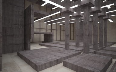 Abstract white and brown concrete parametric interior  with window. 3D illustration and rendering.