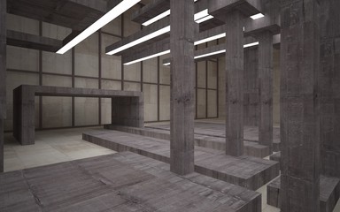 Abstract white and brown concrete parametric interior  with window. 3D illustration and rendering.