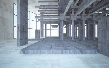 Abstract white and brown concrete interior multilevel public space with window. 3D illustration and rendering.