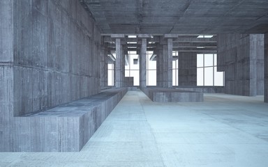 Abstract white and brown concrete interior multilevel public space with window. 3D illustration and rendering.