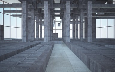 Abstract white and brown concrete interior multilevel public space with window. 3D illustration and rendering.