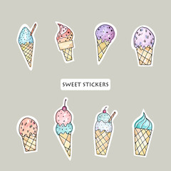 Vector objects. Ice cream set. Stickers design. Summer colors.