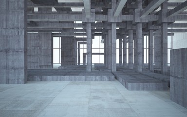 Abstract white and brown concrete interior multilevel public space with window. 3D illustration and rendering.