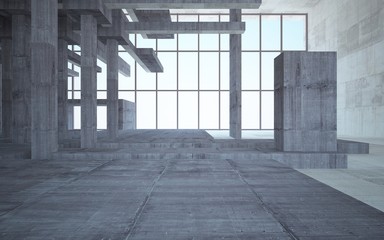 Abstract white and brown concrete interior multilevel public space with window. 3D illustration and rendering.