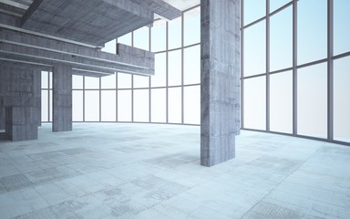 Abstract white and brown concrete interior multilevel public space with window. 3D illustration and rendering.