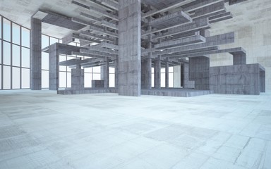 Abstract white and brown concrete interior multilevel public space with window. 3D illustration and rendering.