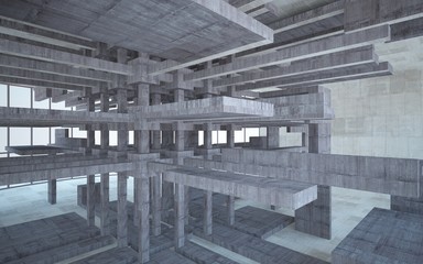 Abstract white and brown concrete interior multilevel public space with window. 3D illustration and rendering.