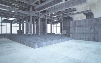 Abstract white and brown concrete interior multilevel public space with window. 3D illustration and rendering.