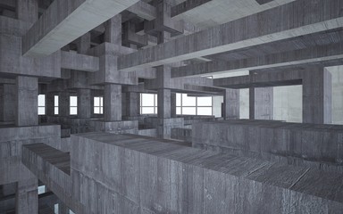 Abstract white and brown concrete interior multilevel public space with window. 3D illustration and rendering.