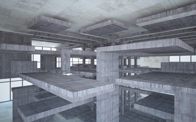 Abstract white and brown concrete interior multilevel public space with window. 3D illustration and rendering.