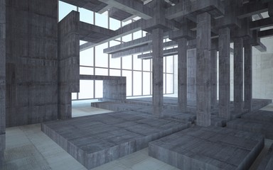 Abstract white and brown concrete interior multilevel public space with window. 3D illustration and rendering.