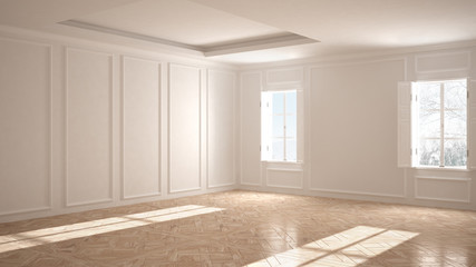 Empty room interior design, open space with stucco molded walls, vintage victorian style, parquet wooden floor, classic contemporary architecture