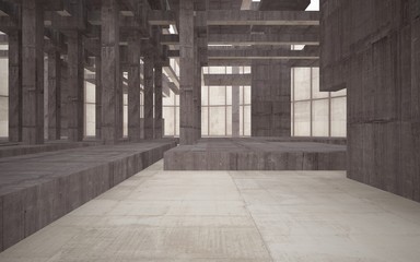 Abstract white and brown concrete interior multilevel public space with window. 3D illustration and rendering.