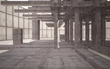 Abstract white and brown concrete interior multilevel public space with window. 3D illustration and rendering.