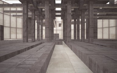 Abstract white and brown concrete interior multilevel public space with window. 3D illustration and rendering.