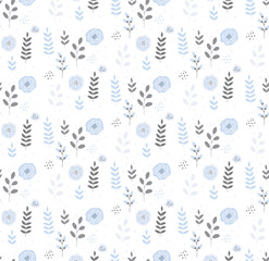 Hand Drawn Cute Floral Vector Pattern. White Background. Pastel Blue, Grey and White Colors. Blue Flowers, Grey Leaves and Twigs. Lovely Infantile Style Design. Abstract Garden.