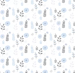 Fototapete Blümchenmuster Hand gezeichnetes nettes Blumenvektormuster. Weißer Hintergrund. Pastellblaue, graue und weiße Farben. Blaue Blumen, graue Blätter und Zweige. Schönes kindliches Design. Abstrakter Garten.