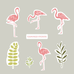 Vector objects. Flamingos and leaves set. Stickers design. Summer colors.